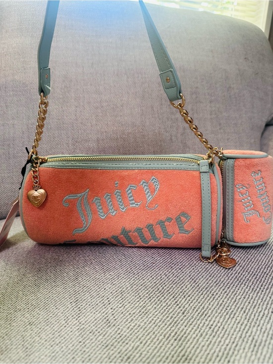 Juicy Couture Handbags - Juicy Couture Coral Suede Barrel Bag with Mint Trim and Gold Chain NwT